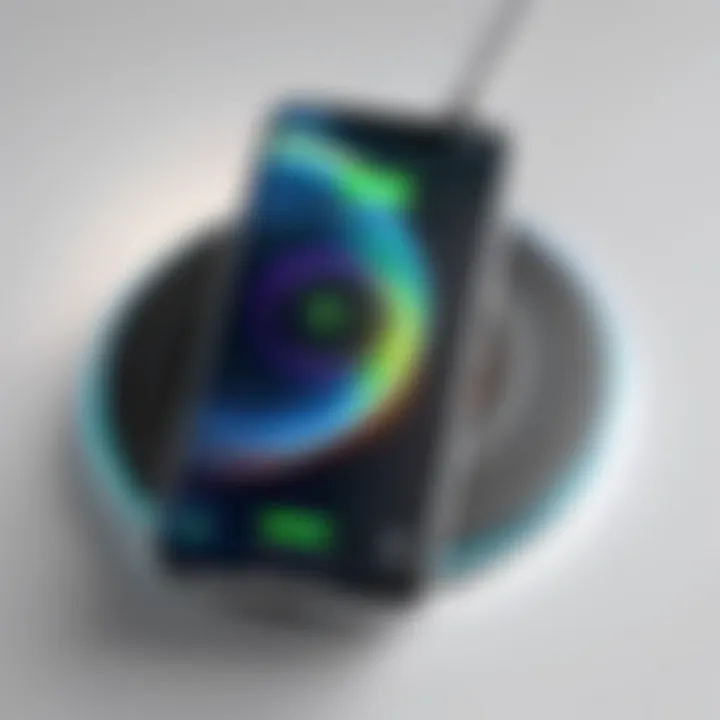 Close-up of a smartphone charging wirelessly