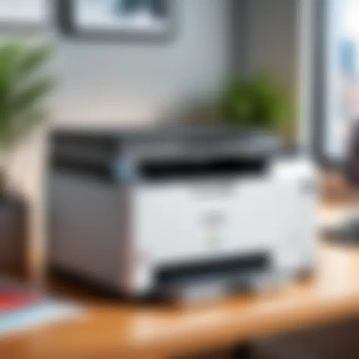 A sleek color laser printer on a modern workspace