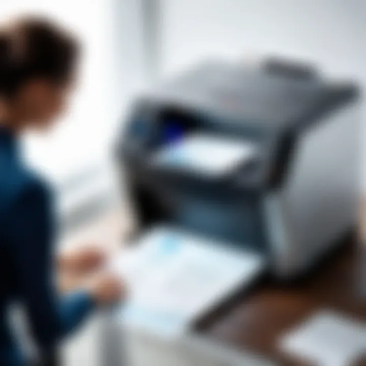 A person scanning a document using a multifunction printer