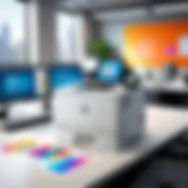 Illustration depicting the workflow benefits of using color LaserJet duplex printers in a modern office environment.