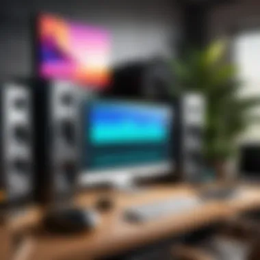 Creative Audio Production Environment A vibrant workspace featuring audio production tools and software setup