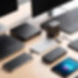 Multiple external storage devices on a desk.