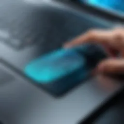 A close-up view of a laptop showcasing a fingerprint reader in action