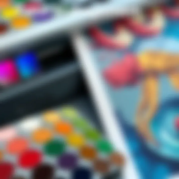 Color Management in Art Printing A colorful palette next to printed art showcasing color management