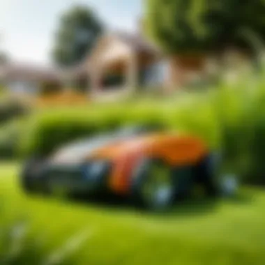 A close-up of a small robot mower navigating a lawn with precision.