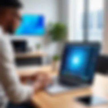 User interacting with a touch screen MacBook in an office setting