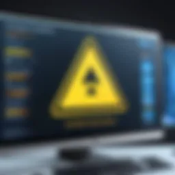 Visual representation of computer screen with warning signs