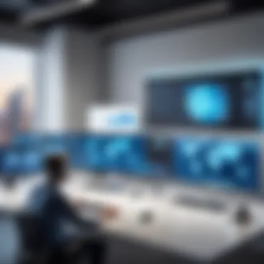 A collaborative workspace featuring multiple users engaging through a large monitor.