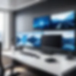 A modern office setup showcasing a large monitor with an integrated camera and microphone.