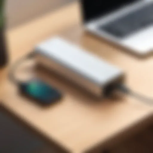 Portable charger with AC outlet on a desk