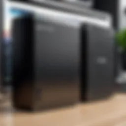 External hard drive with high storage capacity next to recording equipment