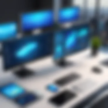 Innovative Multi-Screen Workspace Diverse multi-screen workspace setup showcasing productivity