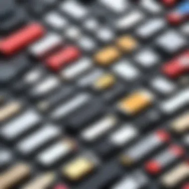 Comparison of different types of memory sticks laid out on a surface